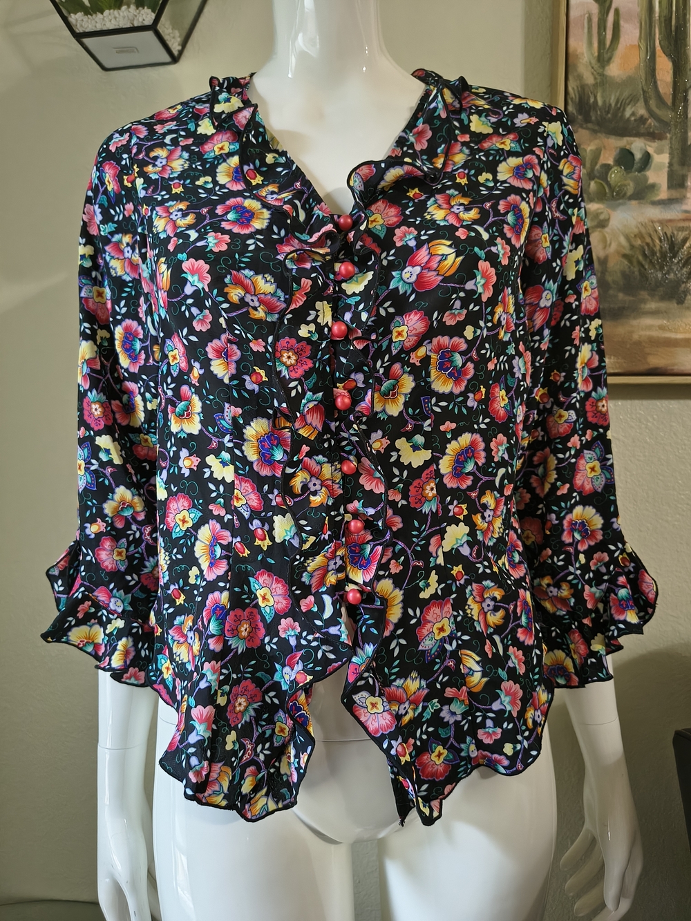 Vintage 80's 90's Ruffled Floral Button-Front Blouse - Black/Multi